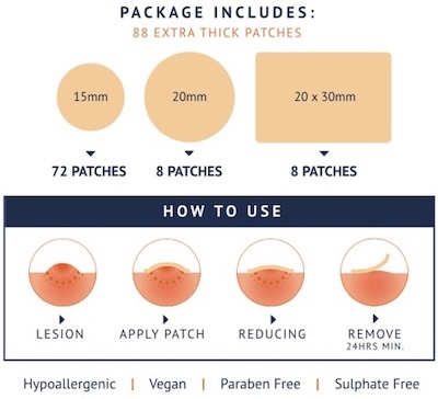 Mollenol Hydrocolloid Patches are thicker and larger than standard patches, infused with tea tree and clove. They are best used with Mollenol lotion for larger, pus-filled bumps on the face and body, excluding hairy or creased areas.